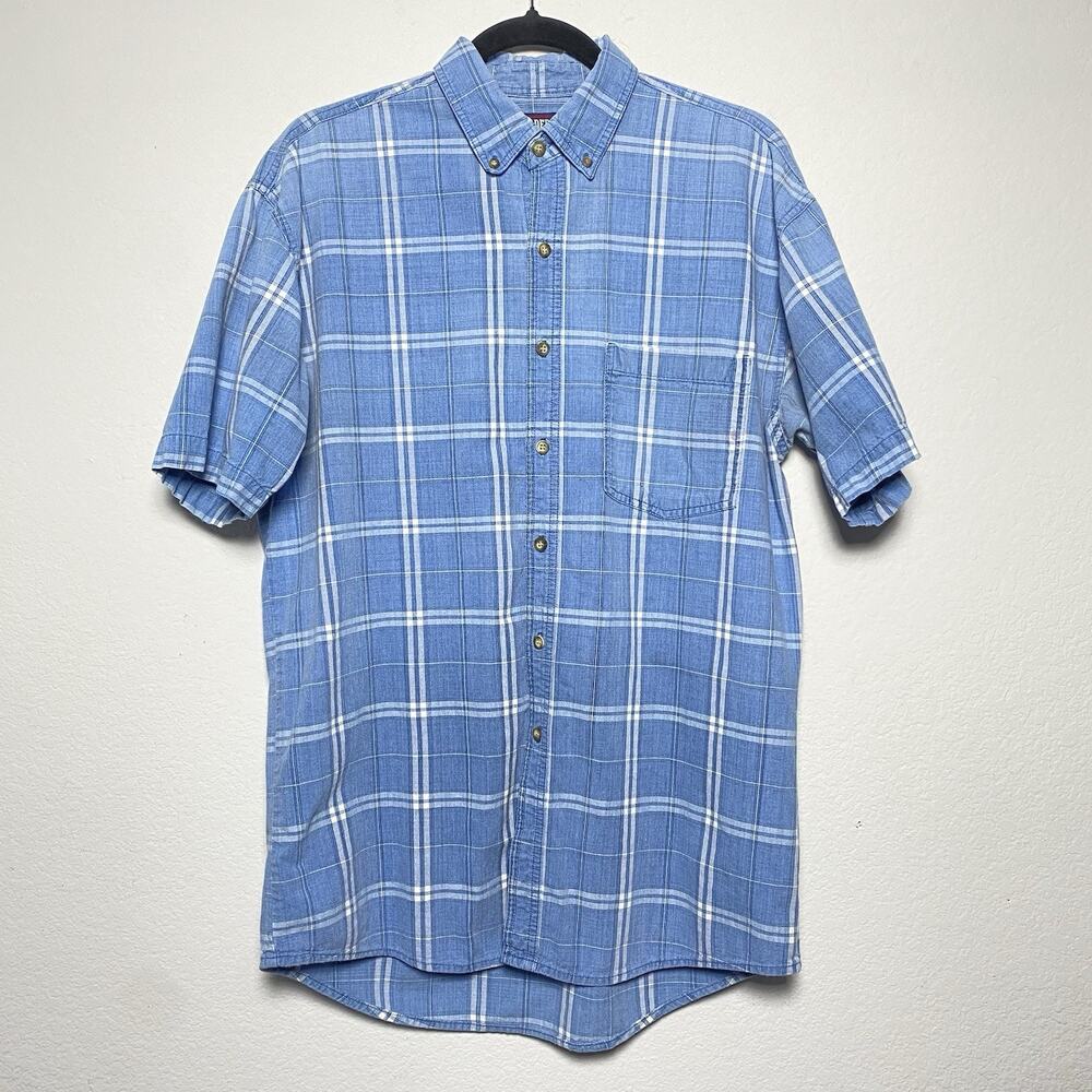 Faded Glory Button Up Short Sleeve Shirt Mens Size M Blue Plaid Casual Workwear